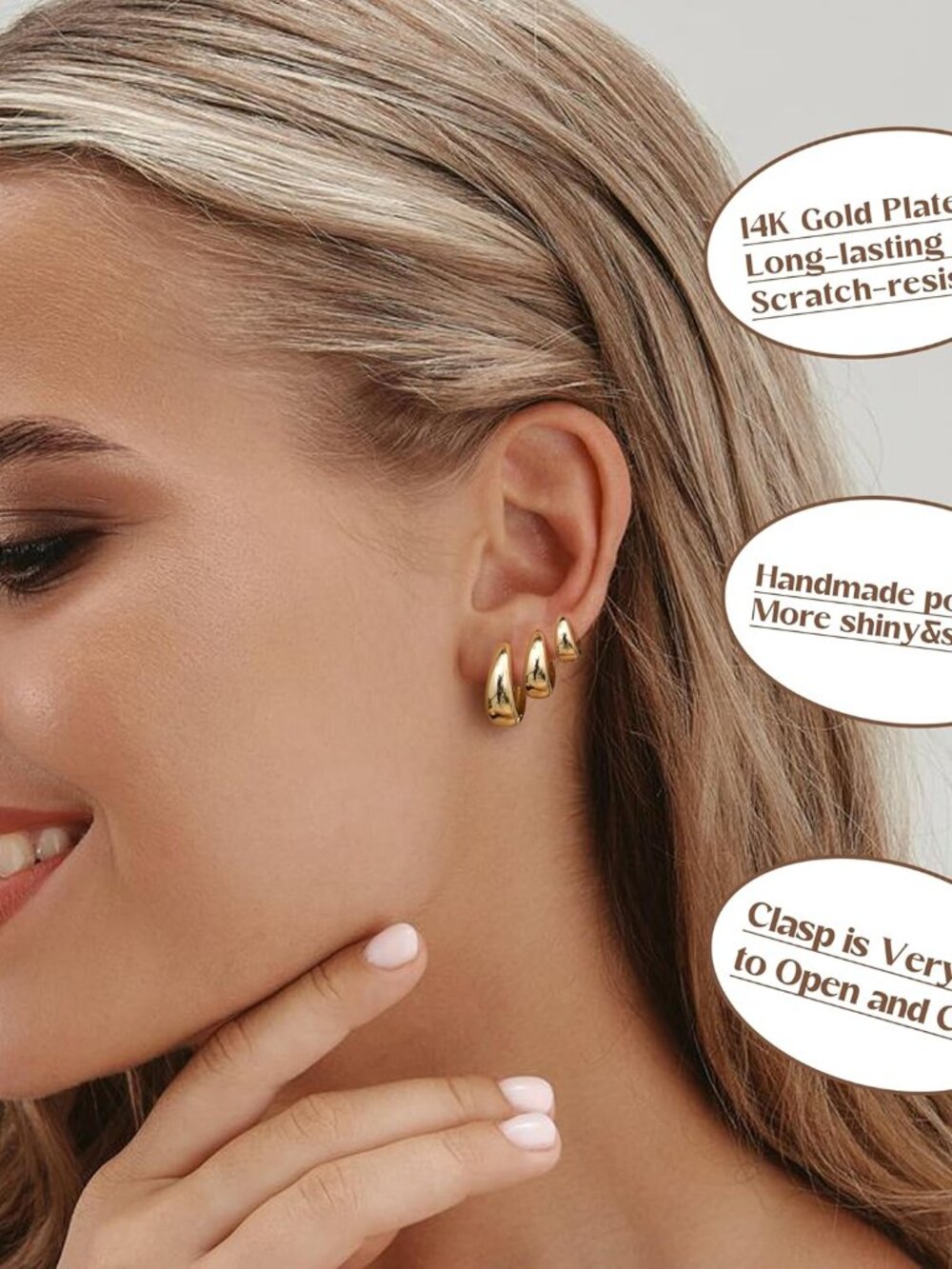 3Pairs 14K Gold Plated Hoop Earrings Set for Women Chunky Earring Silver Plated - Picture 3 of 7